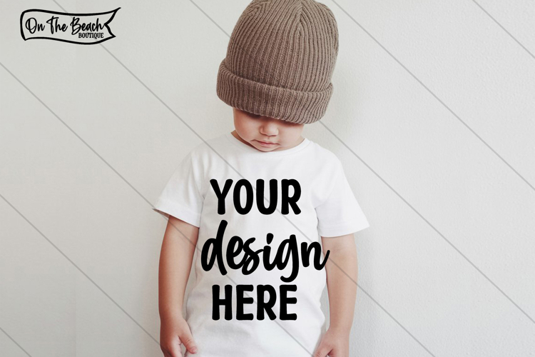 Boy White Shirt Mockup Knit Hat Toddler Kids Bella Mock Up