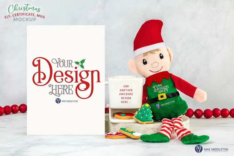 Christmas Mockup | Elf with Mug, Card, Adoption Certificate