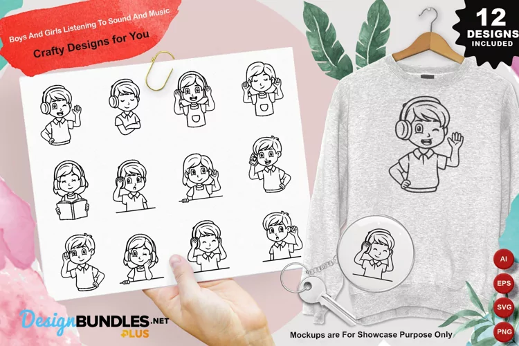 Boys And Girls Listening To Sound And Music Clipart Set