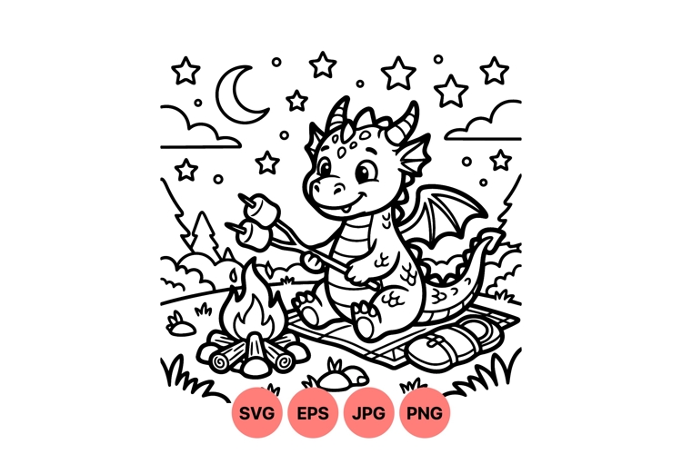 Cute Dragon Camping Scene Black and White SVG
