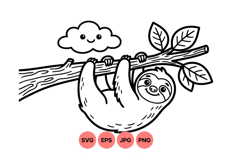 Cute Sloth Hanging On Tree Branch Clipart Design