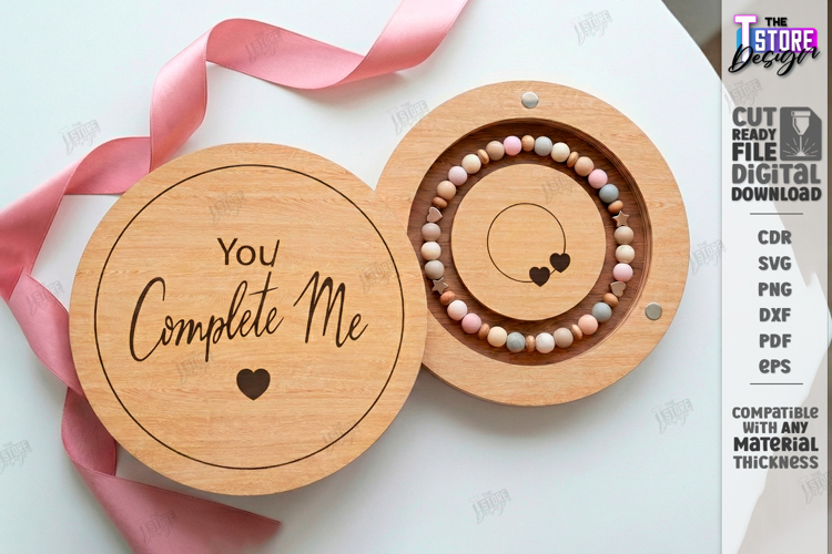 Bracelet Gift Box Laser Cut | Round Wood Box | Romantic SVG