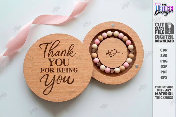 Bracelet Gift Box Laser Cut | Round Wood Box | Romantic SVG