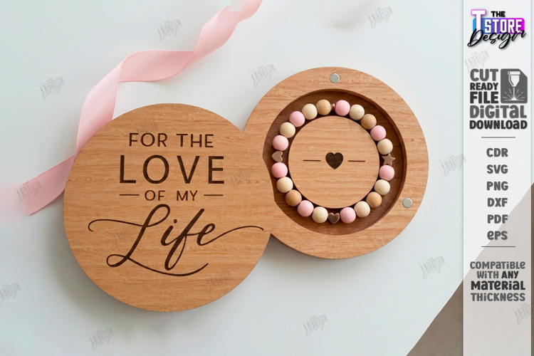 Bracelet Gift Box Laser Cut | Round Wood Box | Romantic SVG
