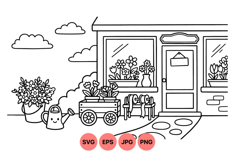 Hand Drawn Flower Shop Line Art Illustration