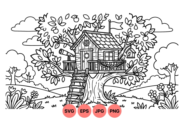 Hand Drawn Treehouse Illustration For Kids Play