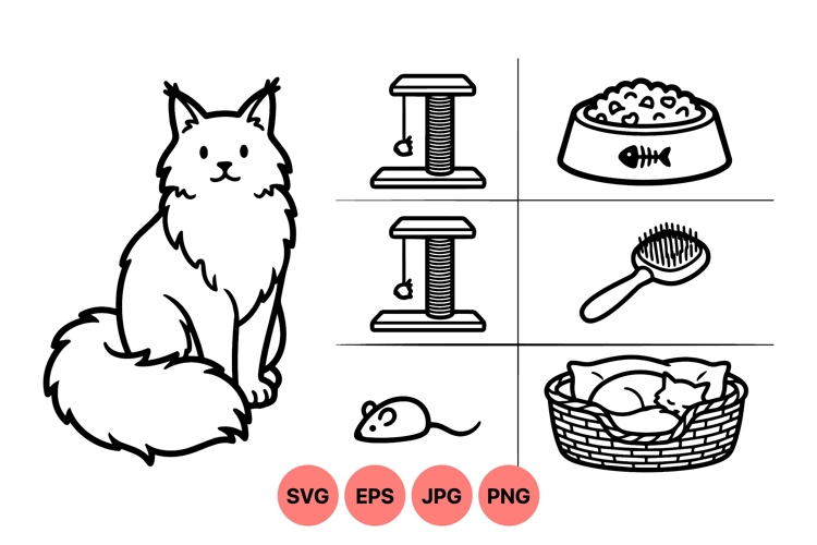 Black Line Cat Clipart With Pet Accessories