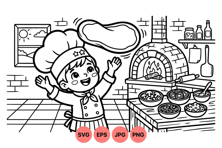 Cute Kid Chef Tossing Pizza Dough Kitchen Clipart