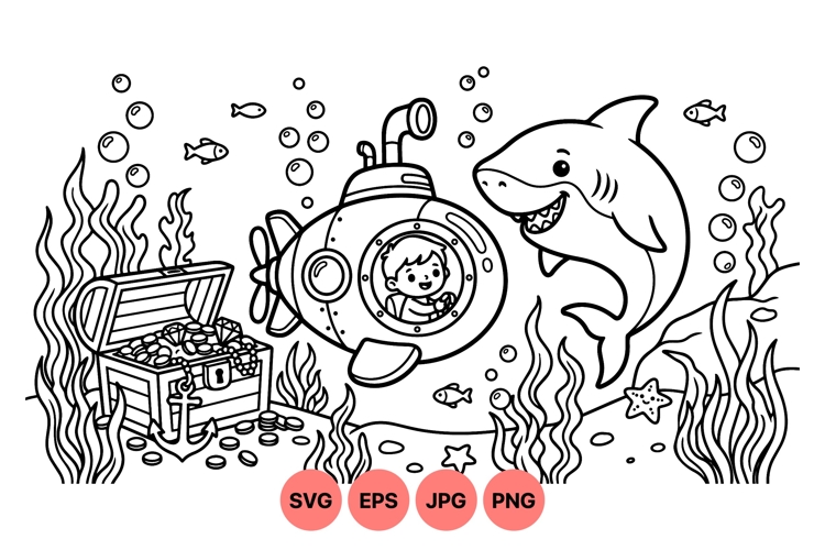 Cute Underwater Submarine And Shark Svg Illustration