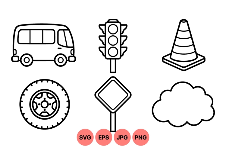 Black Line Art Traffic Sign And Vehicle Icons