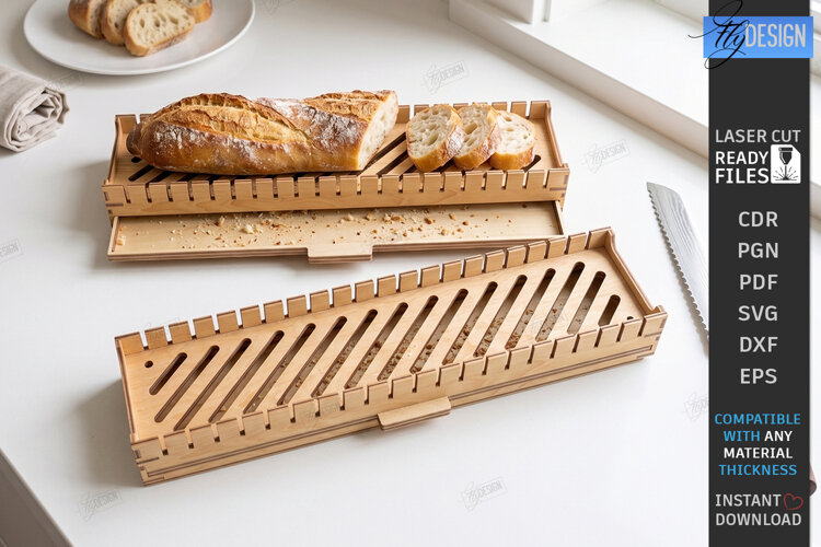Bread Cutting Board with Crumb Tray Laser Cut | Kitchen SVG example image 1
