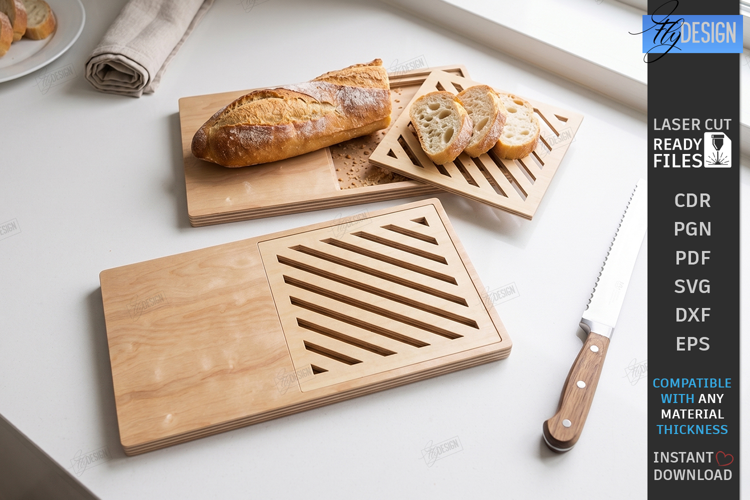 Bread Cutting Board with Crumb Tray Laser Cut | Kitchen SVG