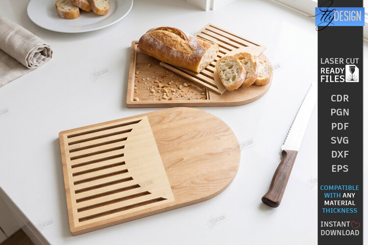 Bread Cutting Board with Crumb Tray Laser Cut | Kitchen SVG example image 1