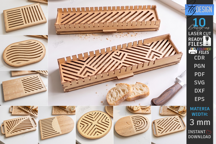 Wooden Bread Cutting Board with Crumb Tray Laser Cut Bundle
