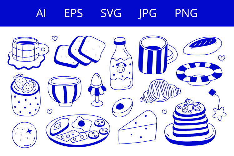 Cute breakfast icons in Mediterranean style.