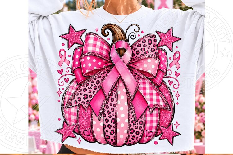 Pink Ribbon Pumpkin Breast Cancer Awareness Leopard Bow PNG example image 1