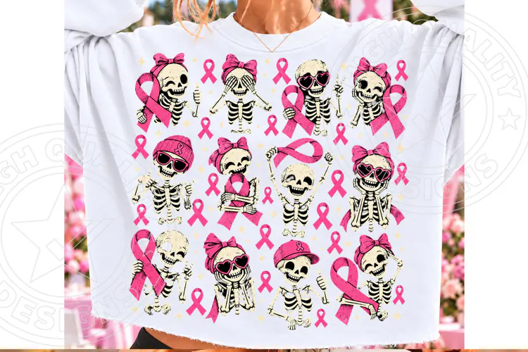 Breast Cancer Awareness Skeletons PNG | Pink Ribbon Hallowee