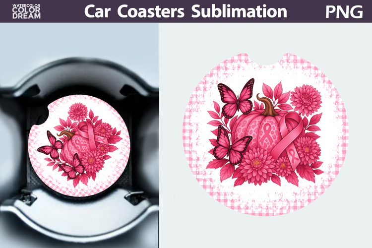 Pumpkin Breast Cancer Car Coaster | Pink Ribbon Awareness