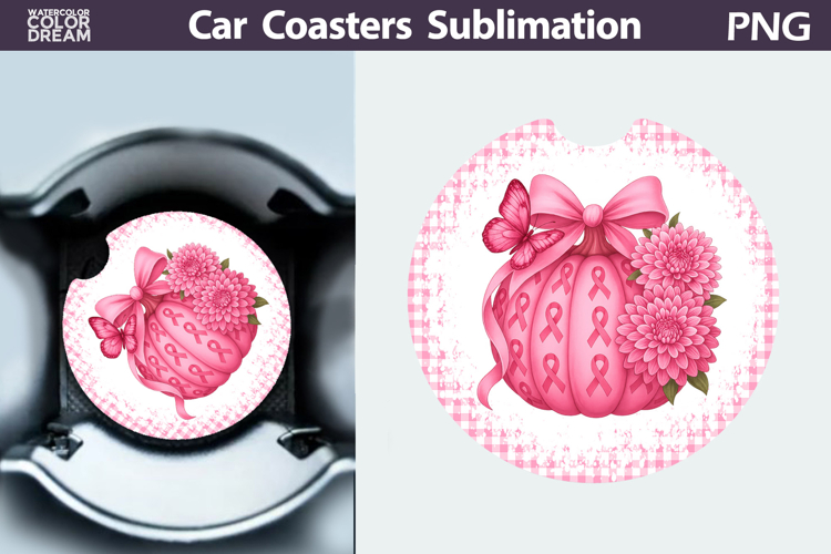 Pumpkin Breast Cancer Car Coaster | Pink Ribbon Awareness