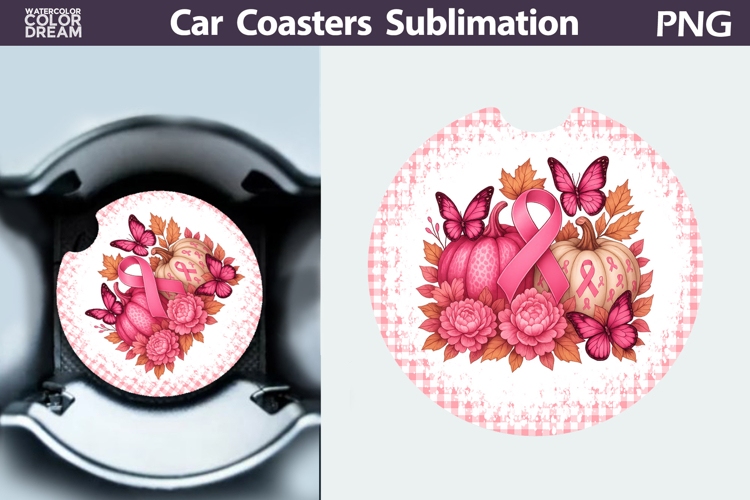 Pumpkin Breast Cancer Car Coaster | Pink Ribbon Awareness