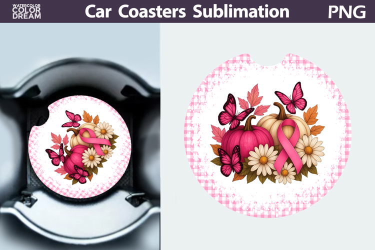 Pumpkin Breast Cancer Car Coaster | Pink Ribbon Awareness