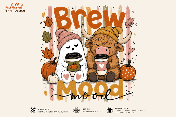 Brew Mood Ghost Highland Cow Fall Sublimation T-Shirt Design