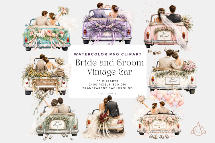 Bride Groom Vintage Car Watercolor Clipart