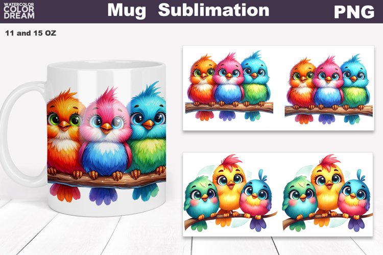 Bright Funny Birds Mug Sublimation | Cute Bird Mug Wrap