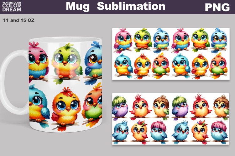 Bright Funny Birds Mug Sublimation | Cute Bird Mug Wrap