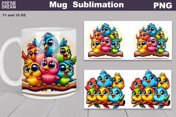 Bright Funny Birds Mug Sublimation | Cute Bird Mug Wrap