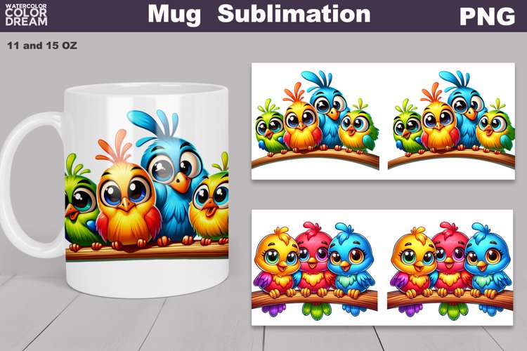 Bright Funny Birds Mug Sublimation | Cute Bird Mug Wrap