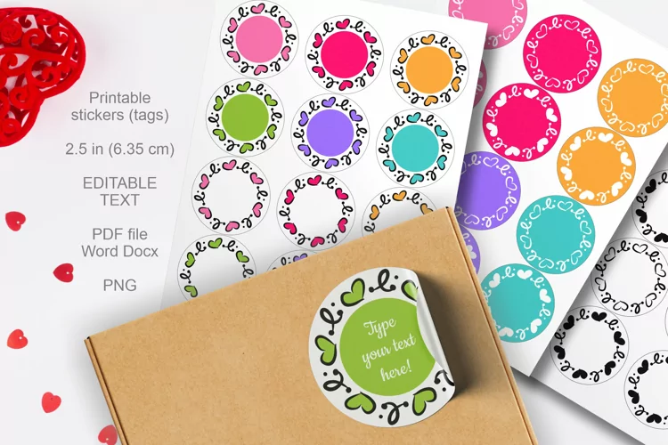 Bright Colors Hearts Round Labels 12 per paper 2.5 in