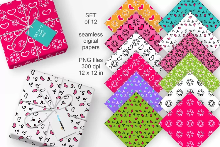 Bright Colors Hearts Seamless Patterned Paper Set of 12 PNG