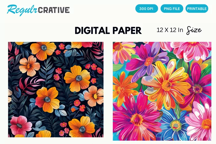 Bright Flowers Digital Paper, Bright Flowers Background