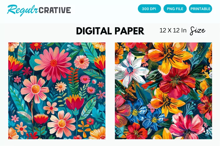 Bright Flowers Digital Paper, Bright Flowers Background