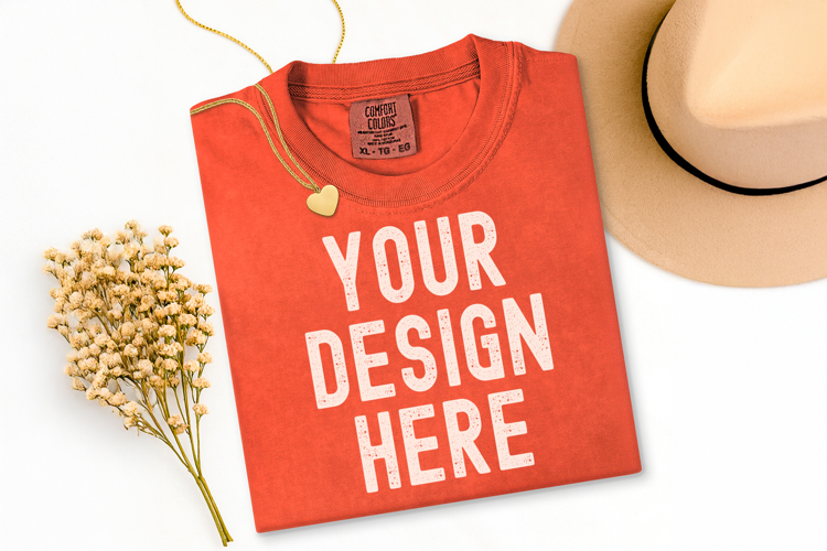 Comfort Colors C1717 Bright Salmon Shirt Mockup, Flat Lay