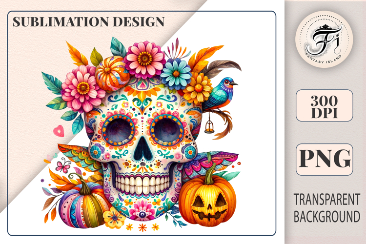 Vibrant Watercolor Skull Halloween Clipart | Pumpkin | PNG