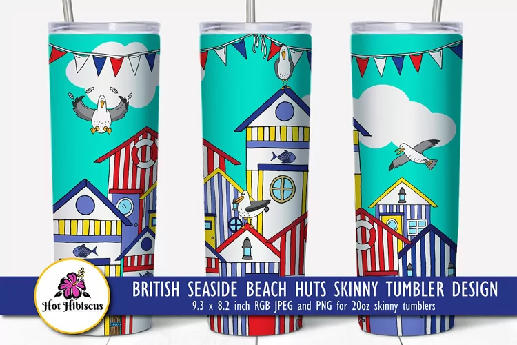 Striped British Beach Huts Skinny Tumbler Sublimation Design