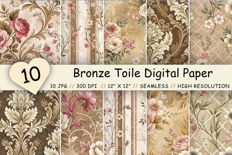 Bronze Toile Digital Paper Pack, Vintage Floral Toile