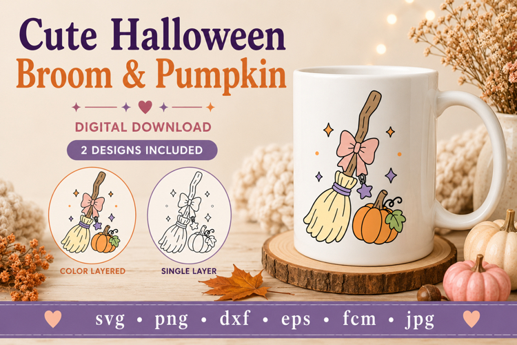 Witch Broom SVG, Cute Halloween Broom & Pumpkin SVG