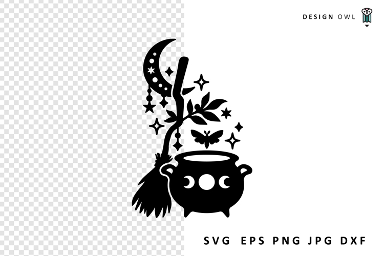 Broomstick, cauldron and Moon - Witchy SVG