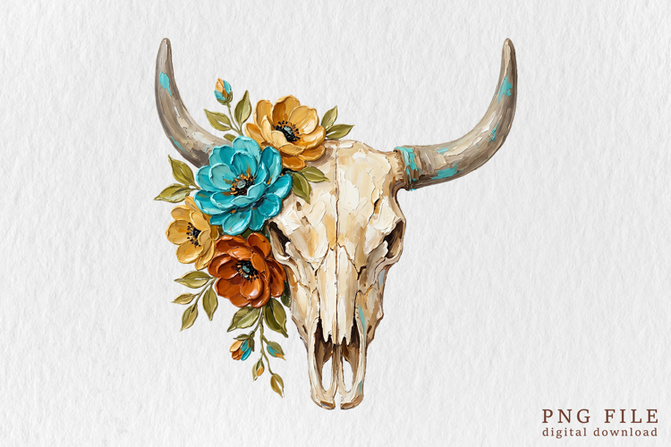 Brushstroke Floral Cow Skull PNG