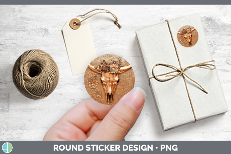 BS01 Copper Relief Cow Skull Stickers | Round Labels Designs