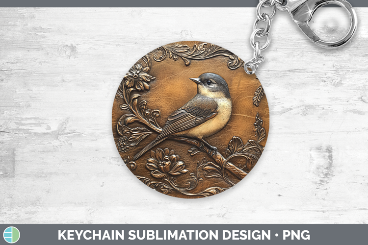 BS01 Tooled Leather Chickadee Keychain Sublimation Keyring D