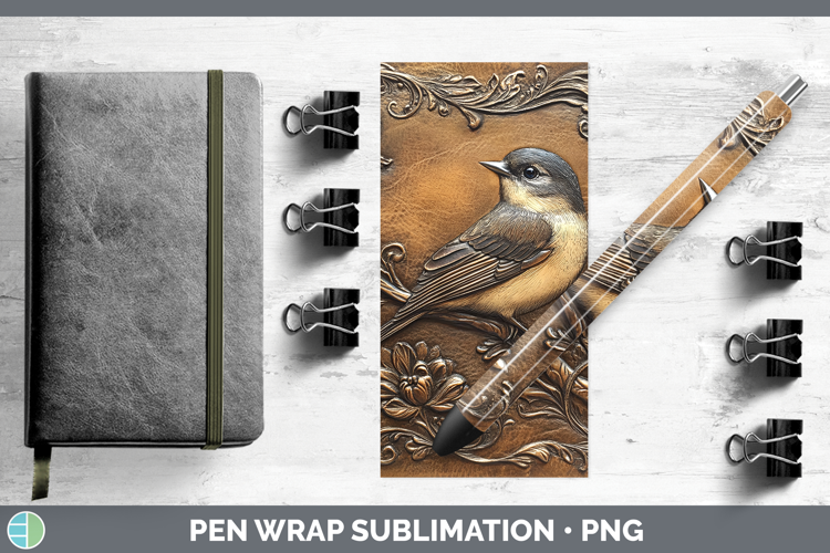BS01 Tooled Leather Chickadee Pen Wrap Sublimation Pen Desig