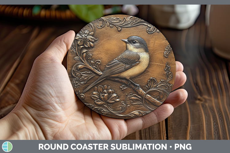 BS01 Tooled Leather Chickadee Round Coaster Sublimation Coas