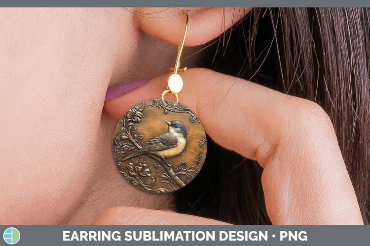 BS01 Tooled Leather Chickadee Round Earrings Sublimation Ear