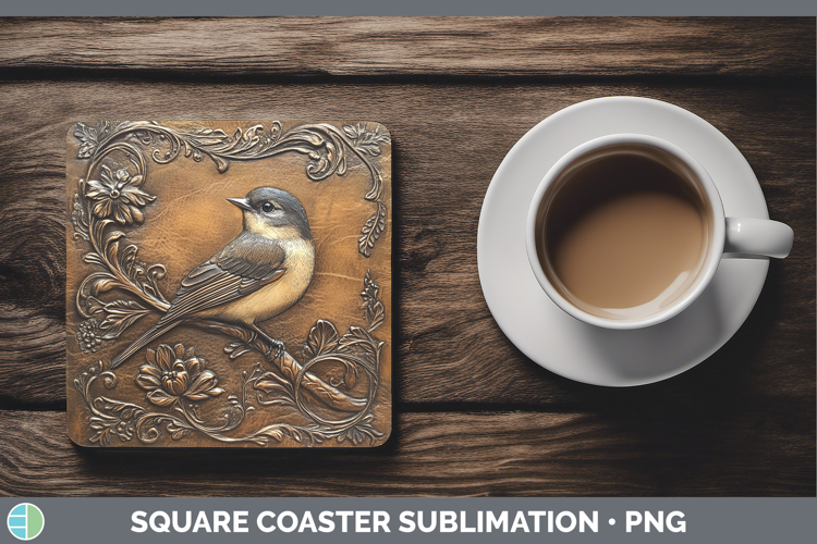 BS01 Tooled Leather Chickadee Square Coaster Sublimation Coa