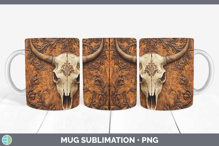 BS01 Tooled Leather Cow Skull Mug Wrap Sublimation Coffee Cu