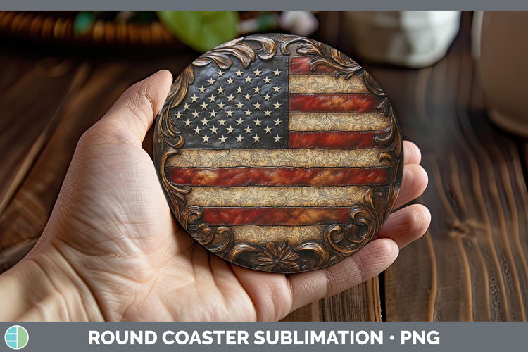 BS01 Tooled Leather USA Flag Round Coaster Sublimation Coast